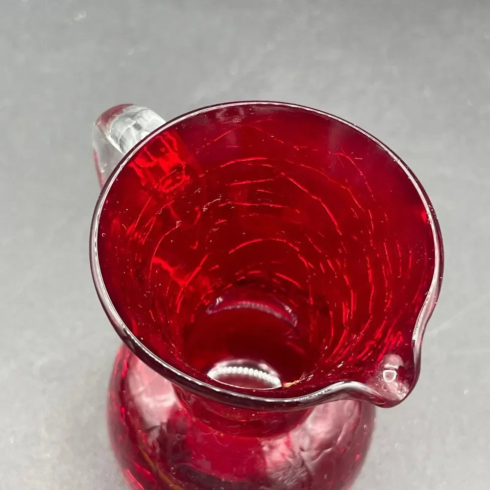 Vintage Ruby Red Crackle Glass Mini Pitcher Applied Clear Handle Pontil Mark